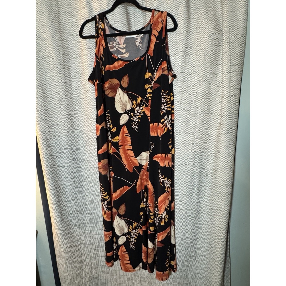 Susan Graver Black Orange Leaf Print Maxi Dress Stretchy Flowy Fall XL